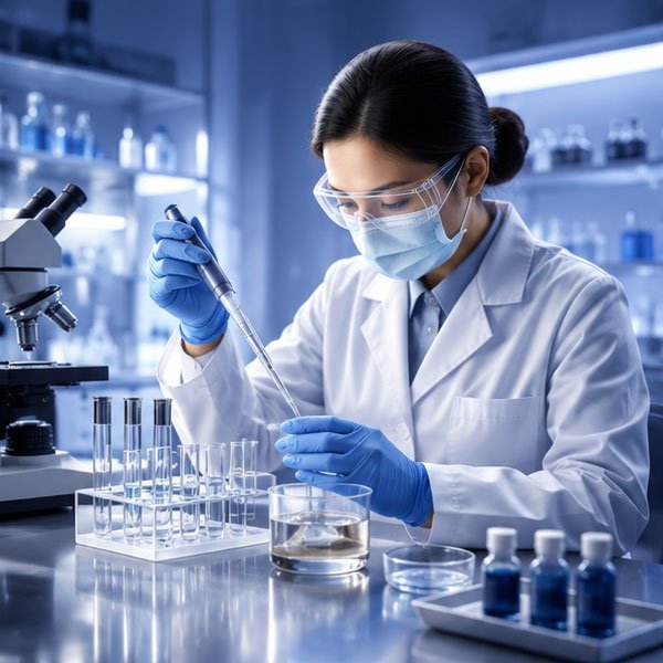 Laboratory technician performing cosmetic quality testing